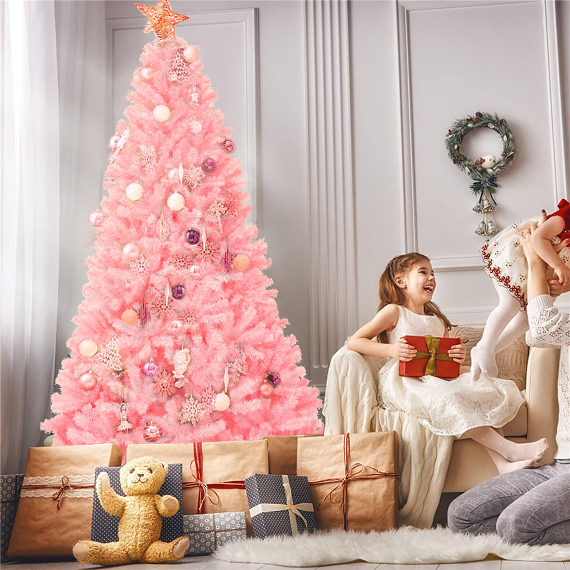 Costway 7.5ft. Unlit Pink Full Fir Artificial Christmas Tree
